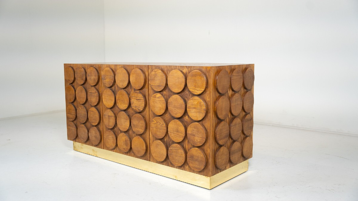 Contemporary Sideboard In Wood And Brass, Italy.