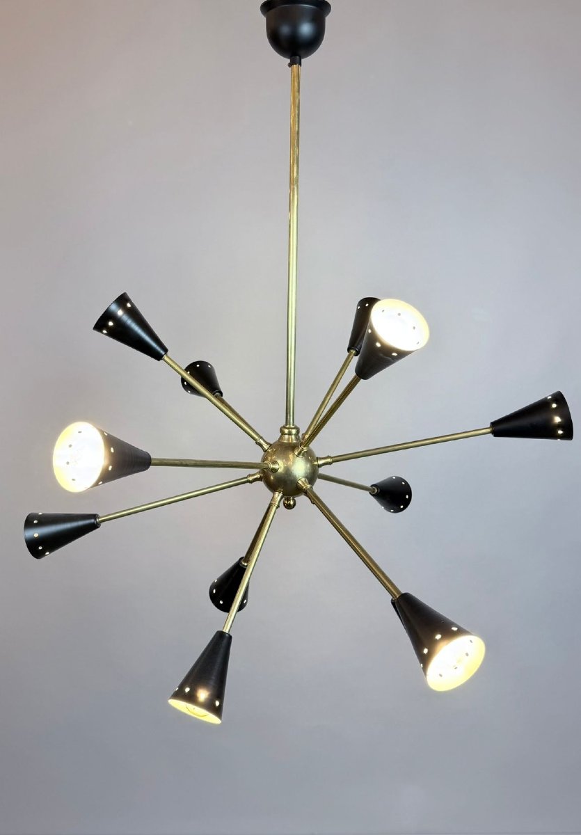 Lustre spoutnik en tôle et laiton, 20th-photo-3