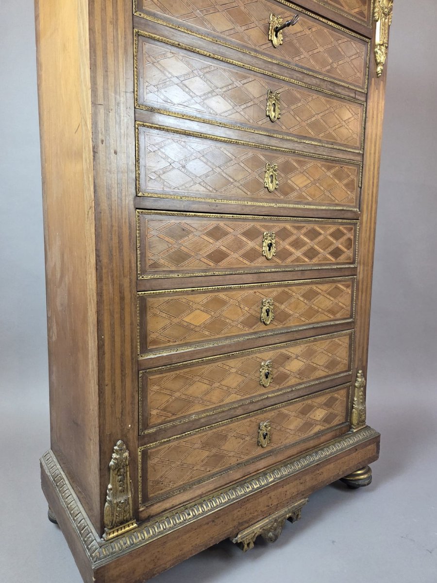 Secrétaire de style Louis XVI en bois marqueté et bronze doré-photo-4