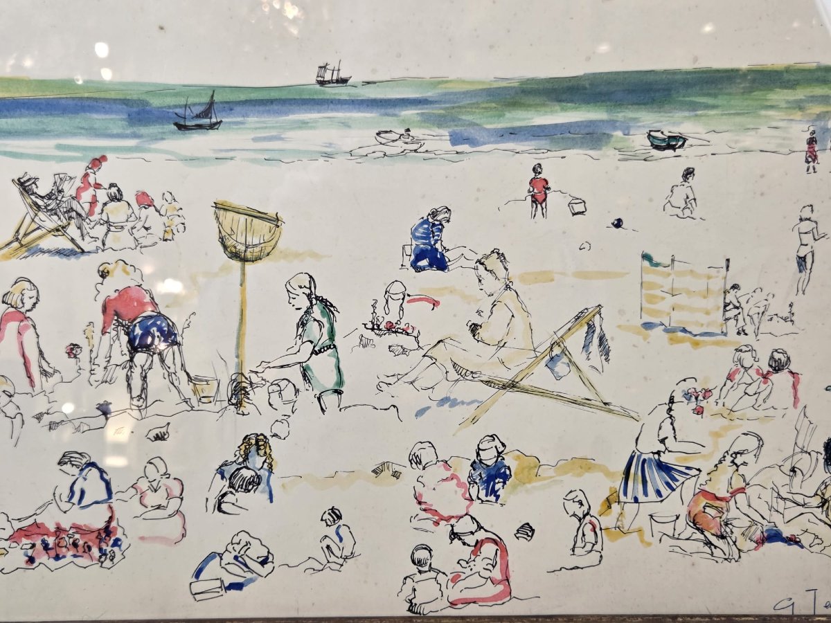 JAVAUX, Technique mixte "scène de plage" vers 1950-photo-2