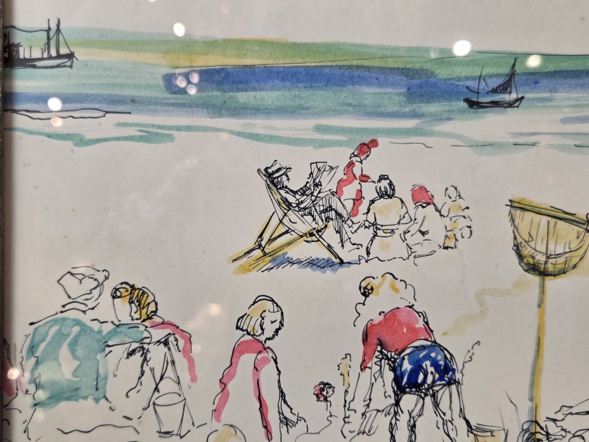 JAVAUX, Technique mixte "scène de plage" vers 1950-photo-1