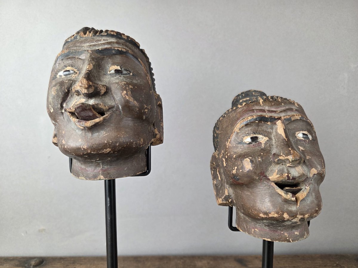 Two Carved Wooden Puppet Heads On A Base, Burma, Late 19th Century-photo-2