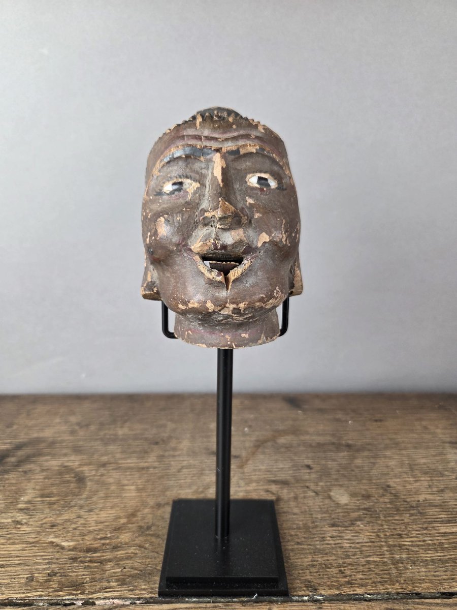 Two Carved Wooden Puppet Heads On A Base, Burma, Late 19th Century-photo-5