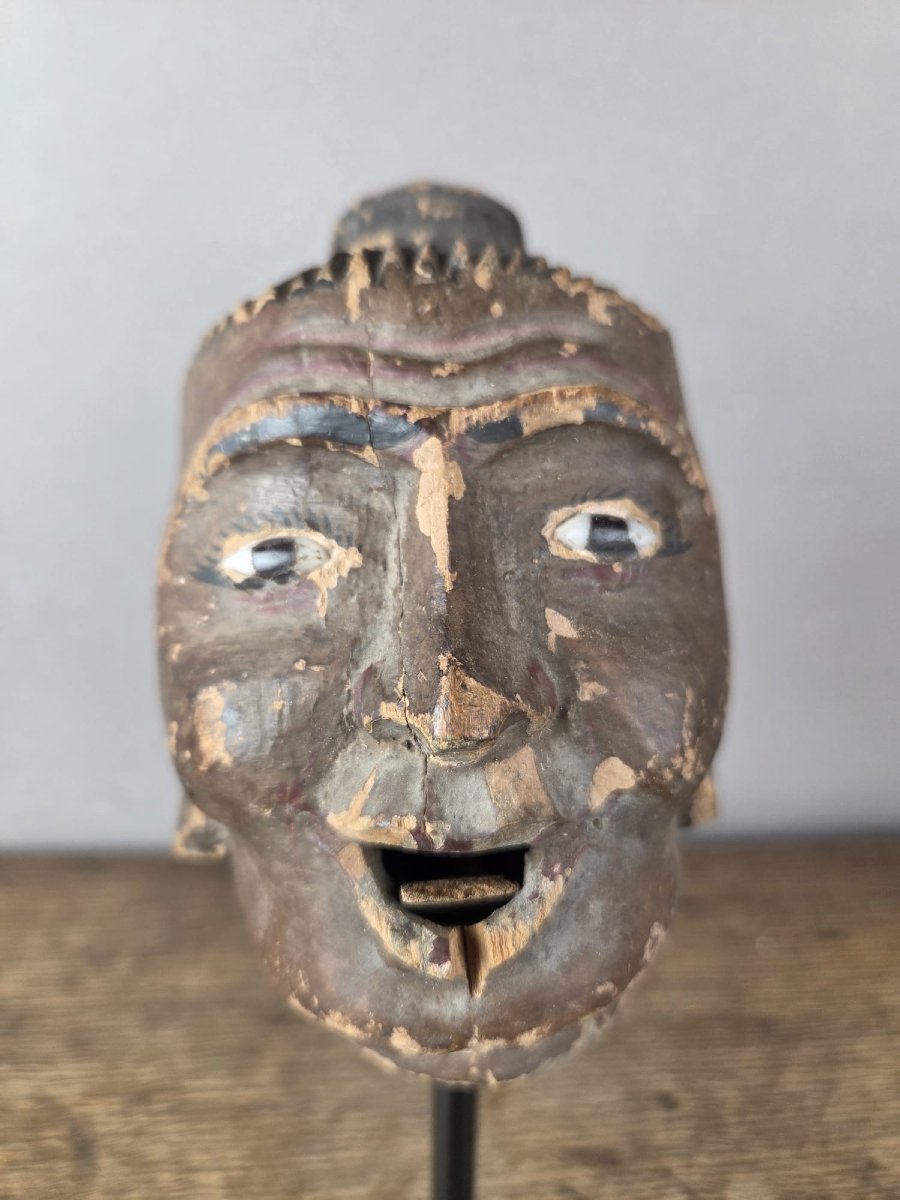 Two Carved Wooden Puppet Heads On A Base, Burma, Late 19th Century-photo-6