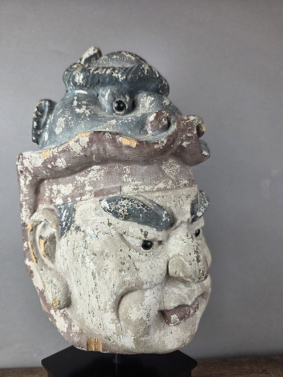 Tête en bois soclée, représentant un gardien de temple, Chine, fin 19th-photo-2