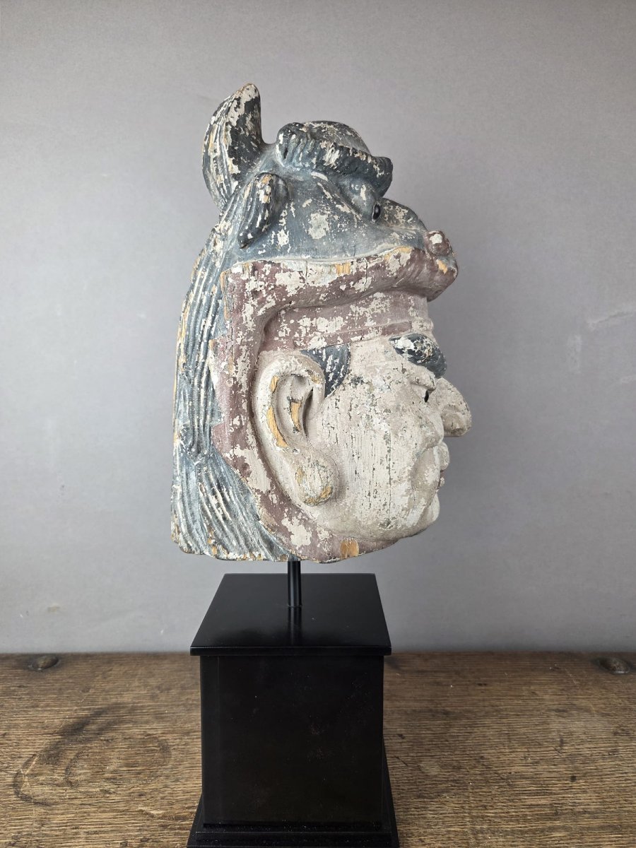 Tête en bois soclée, représentant un gardien de temple, Chine, fin 19th-photo-1