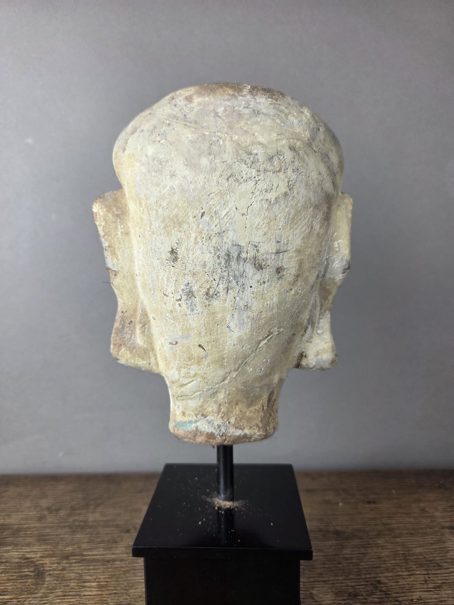 Tête de Luohan en terre cuite, soclée – XVIIIe siècle-photo-1