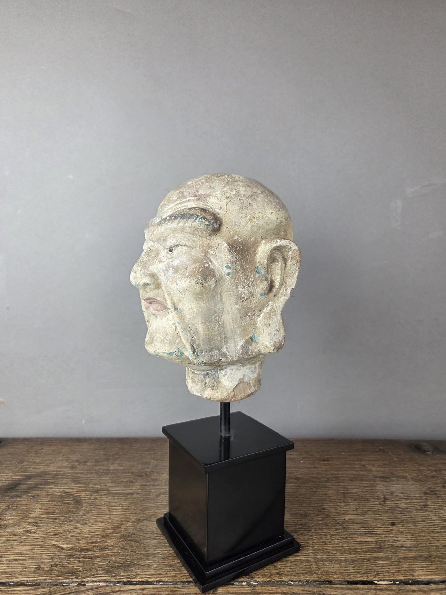 Tête de Luohan en terre cuite, soclée – XVIIIe siècle-photo-2