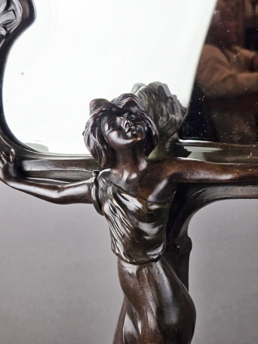 F. Floria, miroir Art Nouveau en régule patiné-photo-6