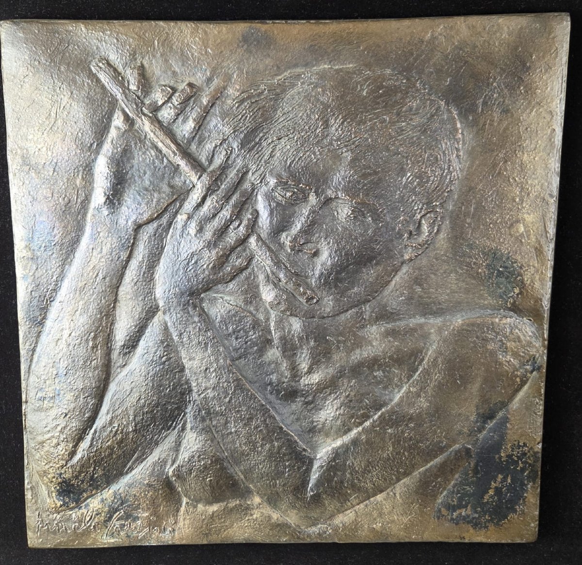 Pericle Fazzini, bas relief en bronze "Il Flautista"-photo-2