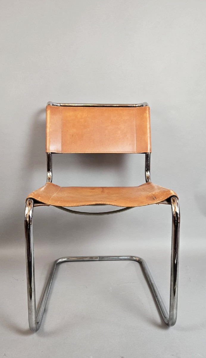 Set Of 6 Thonet Chairs In Tubular Metal, Yellow Leather Seats.-photo-4