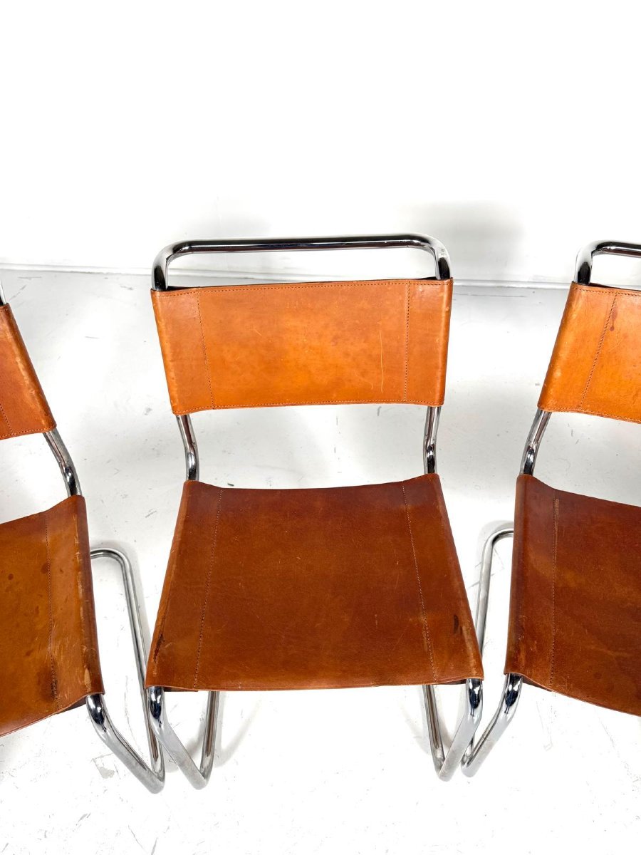 Suite de 6 chaises Thonet en métal tubulaire, assises en cuir jaune.-photo-2