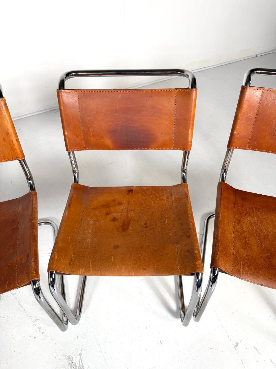 Suite de 6 chaises Thonet en métal tubulaire, assises en cuir jaune.-photo-4