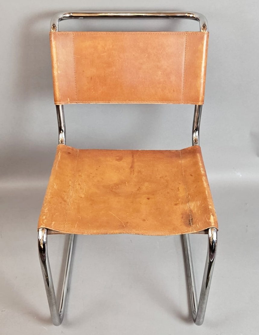 Set Of 6 Thonet Chairs In Tubular Metal, Yellow Leather Seats.-photo-5
