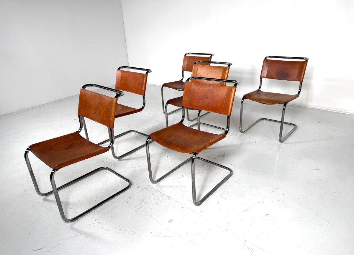 Suite de 6 chaises Thonet en métal tubulaire, assises en cuir jaune.-photo-1