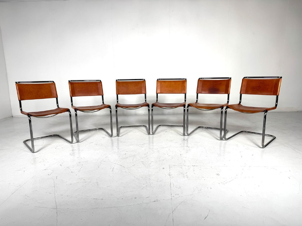 Suite de 6 chaises Thonet en métal tubulaire, assises en cuir jaune.-photo-2