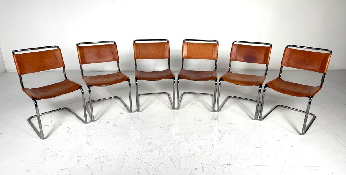 Suite de 6 chaises Thonet en métal tubulaire, assises en cuir jaune.-photo-5