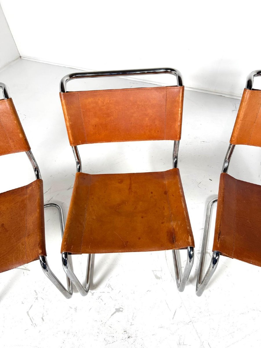 Suite de 6 chaises Thonet en métal tubulaire, assises en cuir jaune.-photo-7