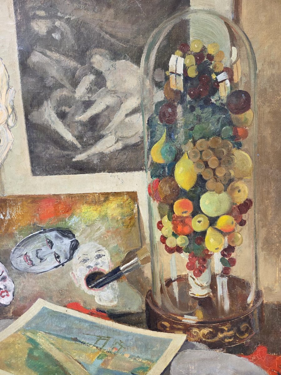 Pol F. Mathieu, Belgian School, 20th Century, Oil On Canvas "still Life With Masks"-photo-5