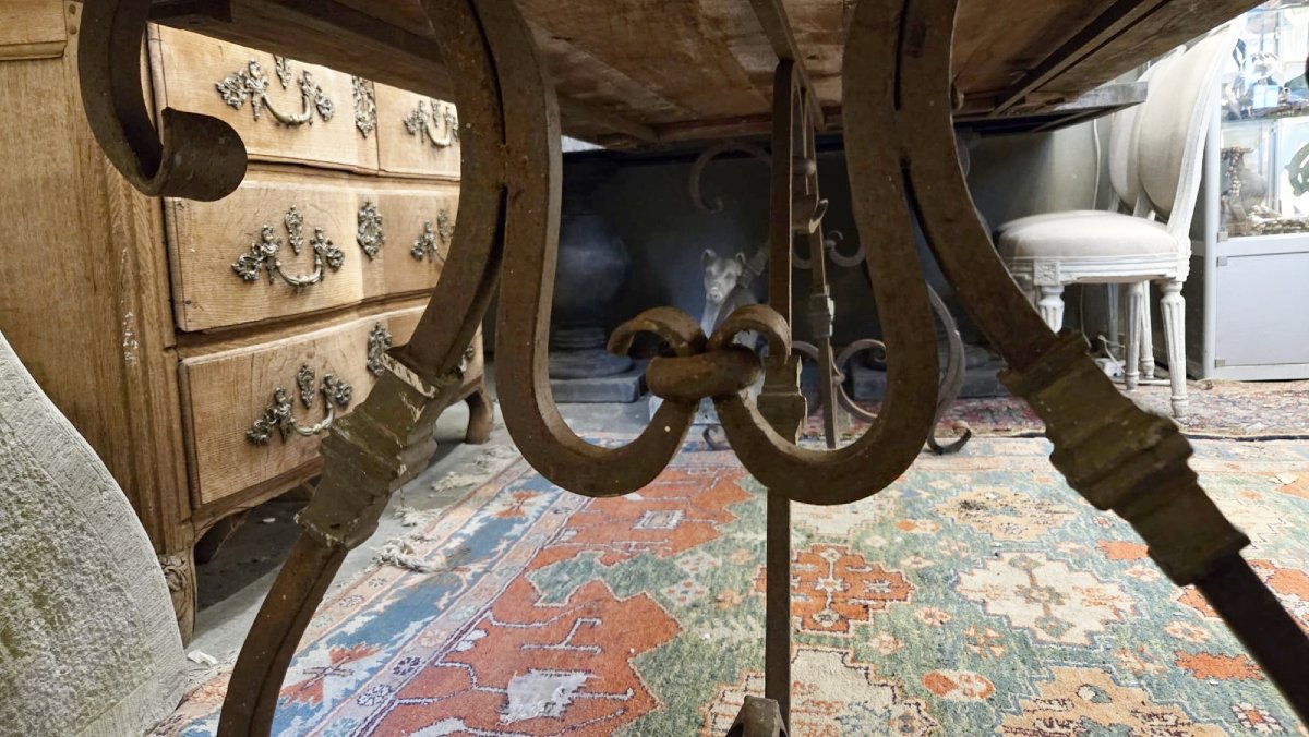 Riveted Wrought Iron Table With Teak Top-photo-2