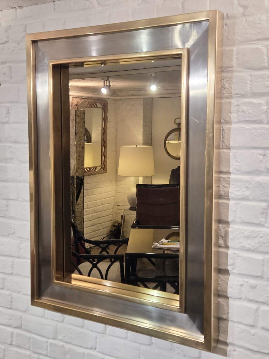 Brass And Brushed Steel Mirror, Circa 1970-photo-2