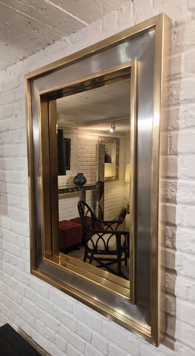 Brass And Brushed Steel Mirror, Circa 1970-photo-4
