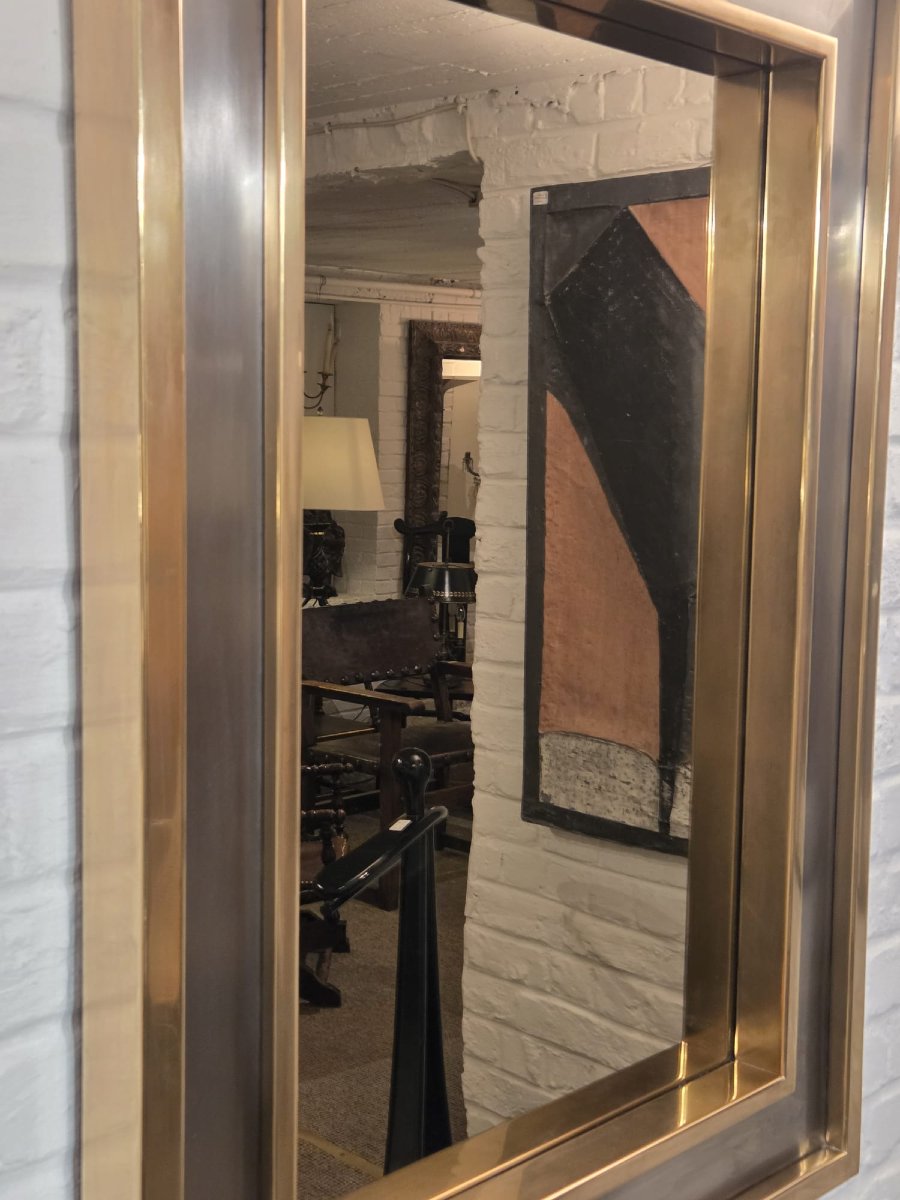 Brass And Brushed Steel Mirror, Circa 1970-photo-1