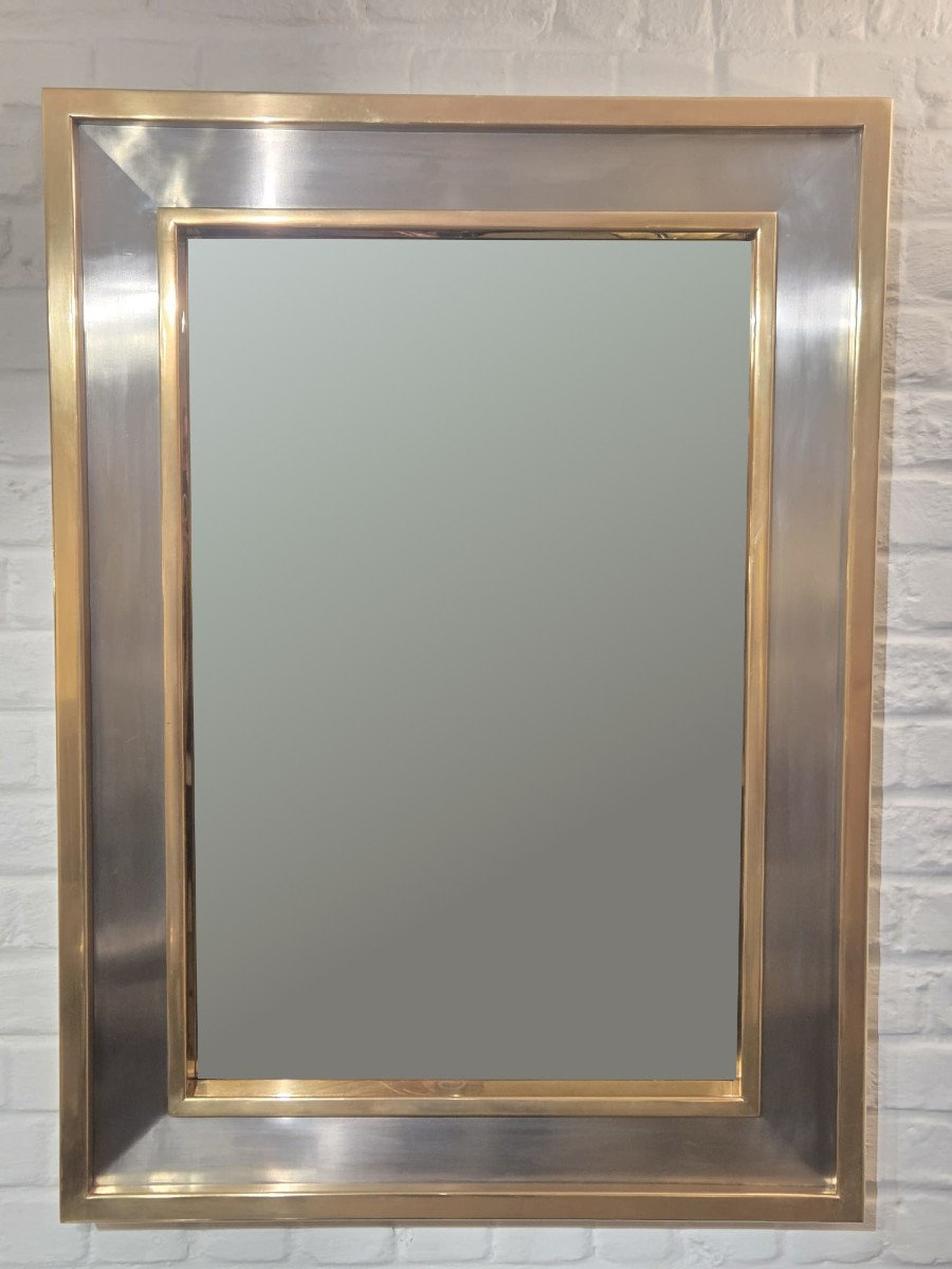 Brass And Brushed Steel Mirror, Circa 1970