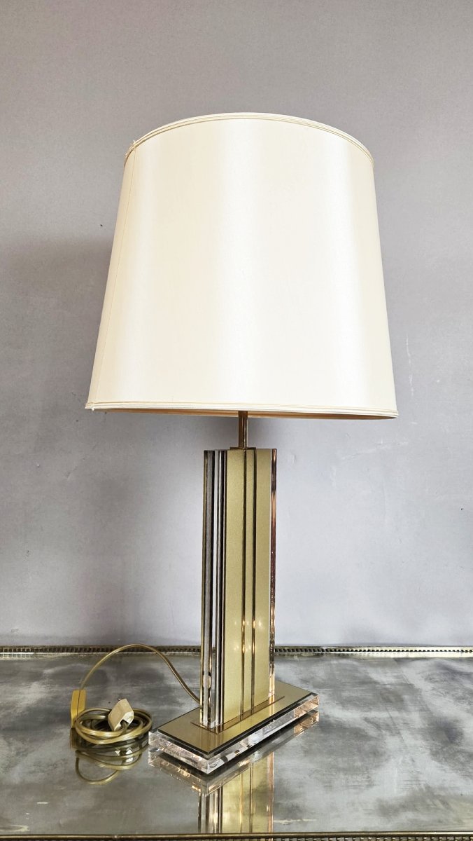 Paire de lampes à poser en lucite et laiton doré, 1970-photo-3