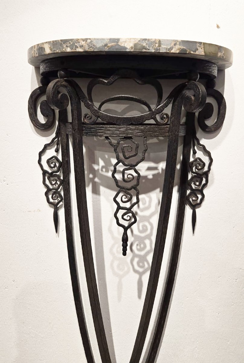 Console Art déco en fer forgé, plateau en marbre-photo-2