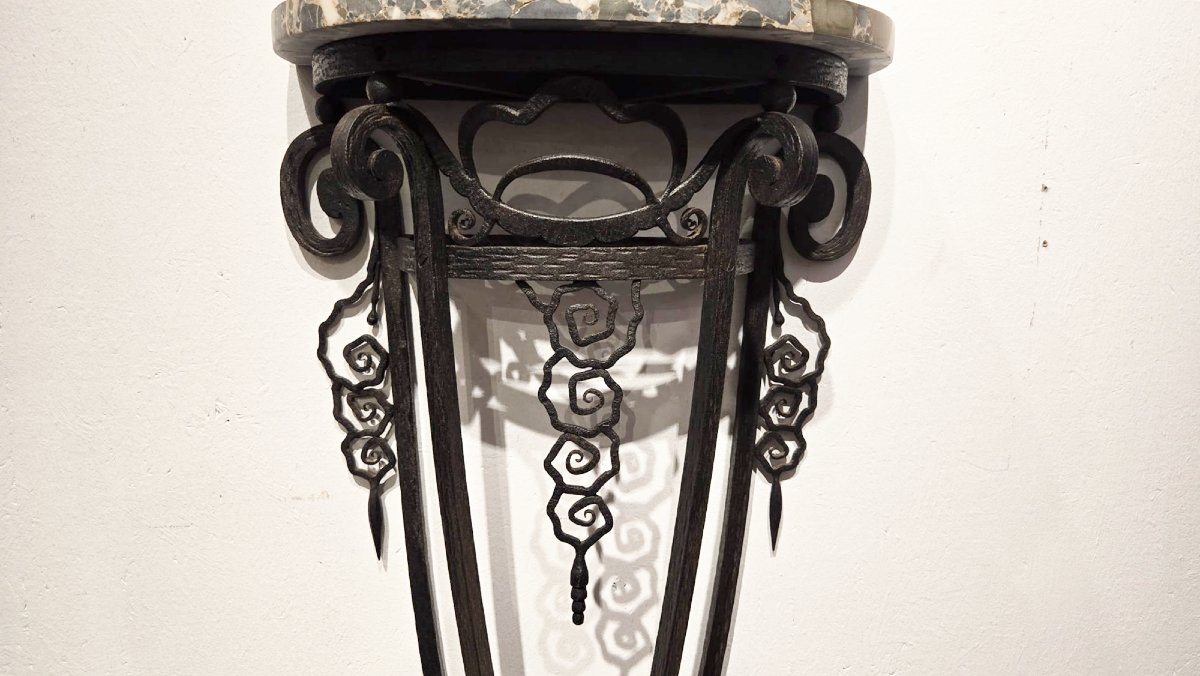 Console Art déco en fer forgé, plateau en marbre-photo-4