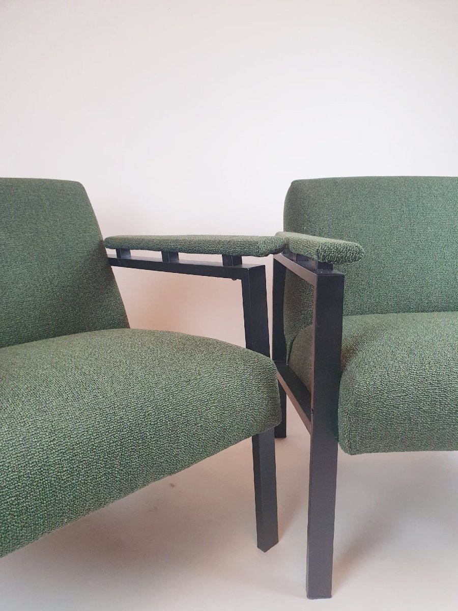Paire de fauteuils en métal laqué noir et tissus vert, 1960-photo-2