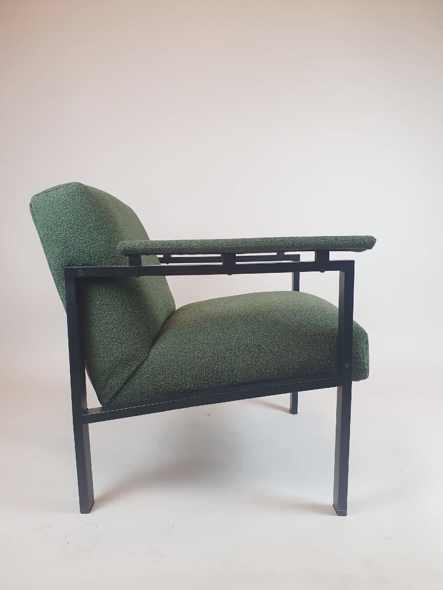 Paire de fauteuils en métal laqué noir et tissus vert, 1960-photo-4