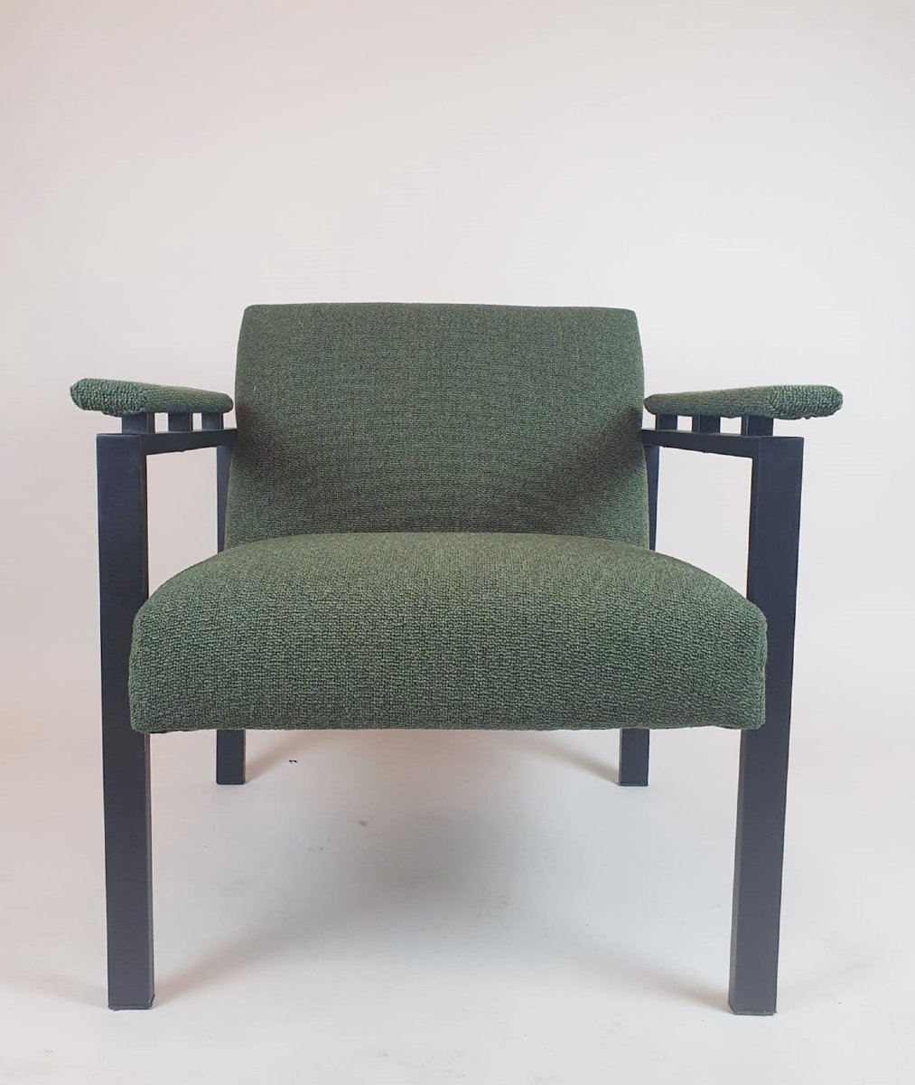 Paire de fauteuils en métal laqué noir et tissus vert, 1960-photo-1