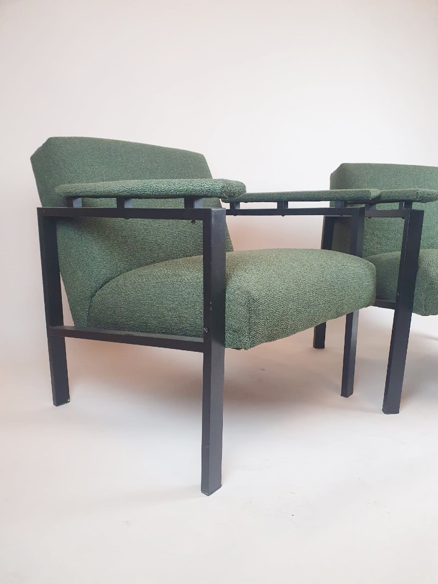 Paire de fauteuils en métal laqué noir et tissus vert, 1960-photo-2