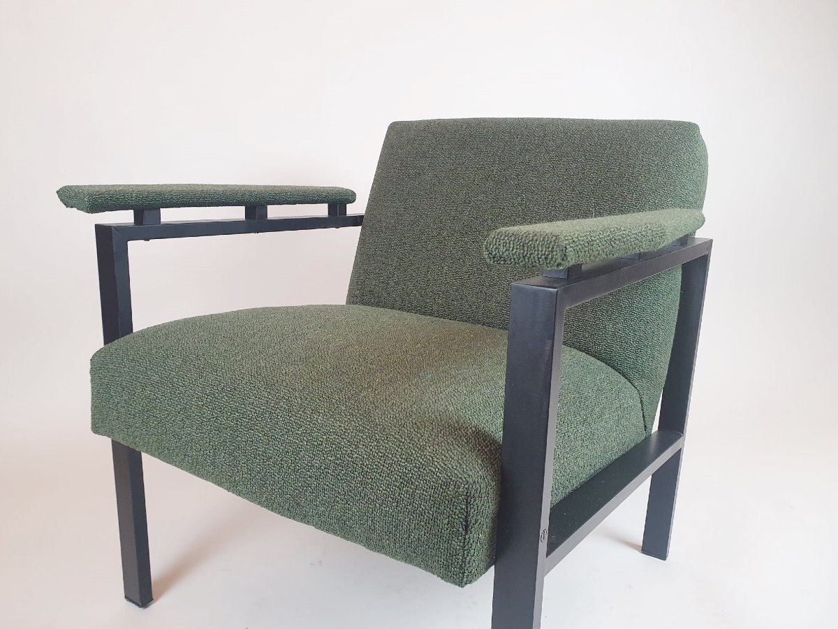 Paire de fauteuils en métal laqué noir et tissus vert, 1960-photo-3