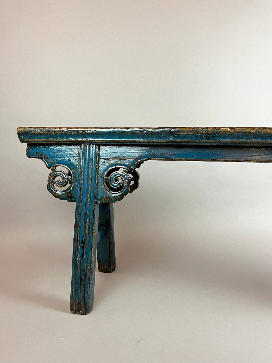 Banc en bois sculpté et laqué bleu, fin 19th début 20th-photo-3