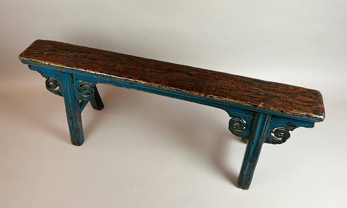 Banc en bois sculpté et laqué bleu, fin 19th début 20th-photo-4