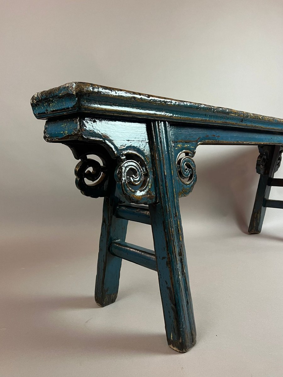 Banc en bois sculpté et laqué bleu, fin 19th début 20th-photo-2