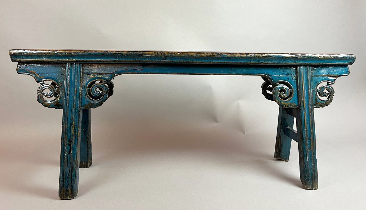 Banc en bois sculpté et laqué bleu, fin 19th début 20th-photo-4