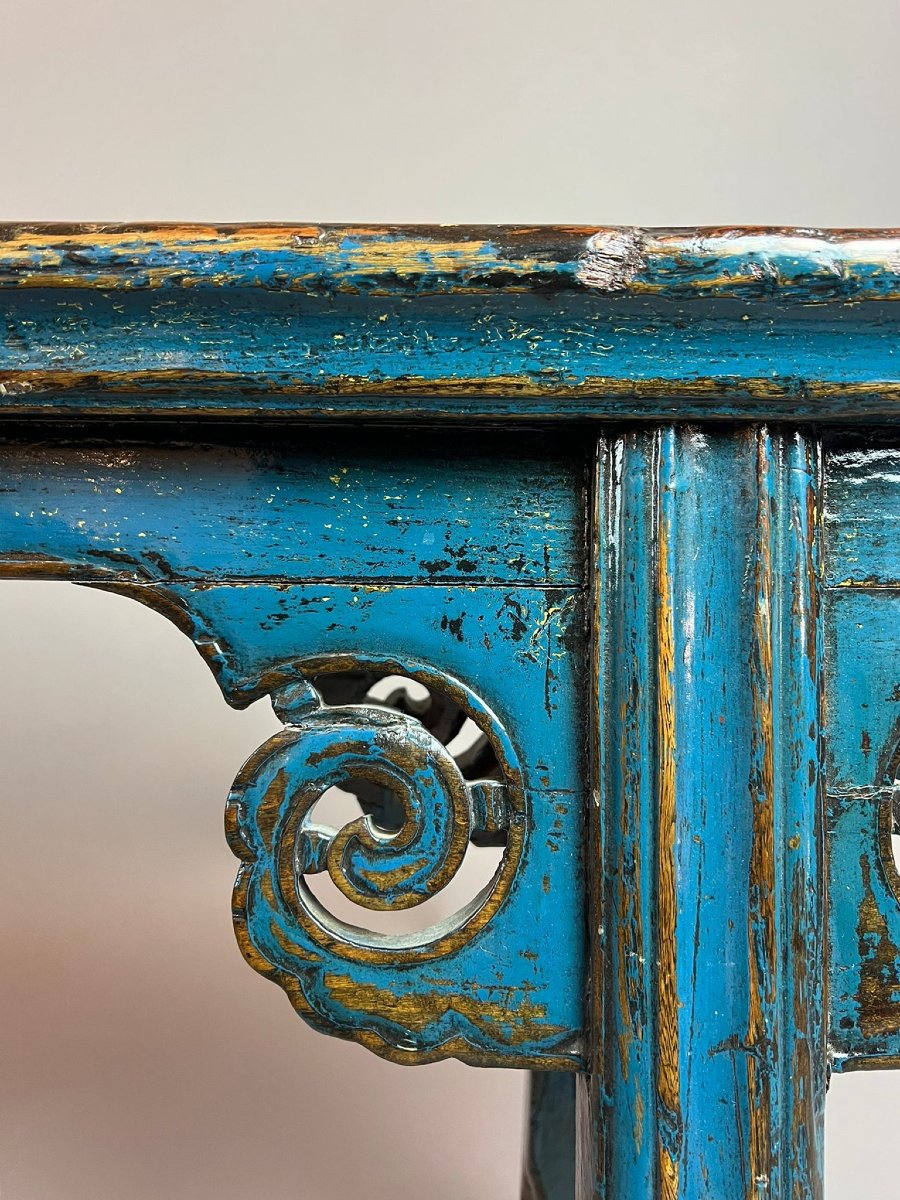 Banc en bois sculpté et laqué bleu, fin 19th début 20th-photo-5