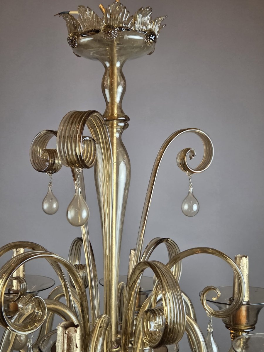 Murano Chandelier In Amber Glass With 6 Lights, Circa 1950-photo-2