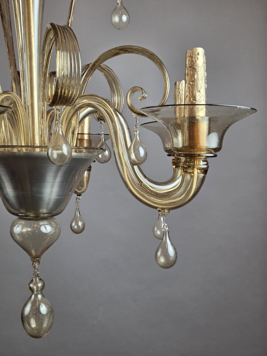 Murano Chandelier In Amber Glass With 6 Lights, Circa 1950-photo-3