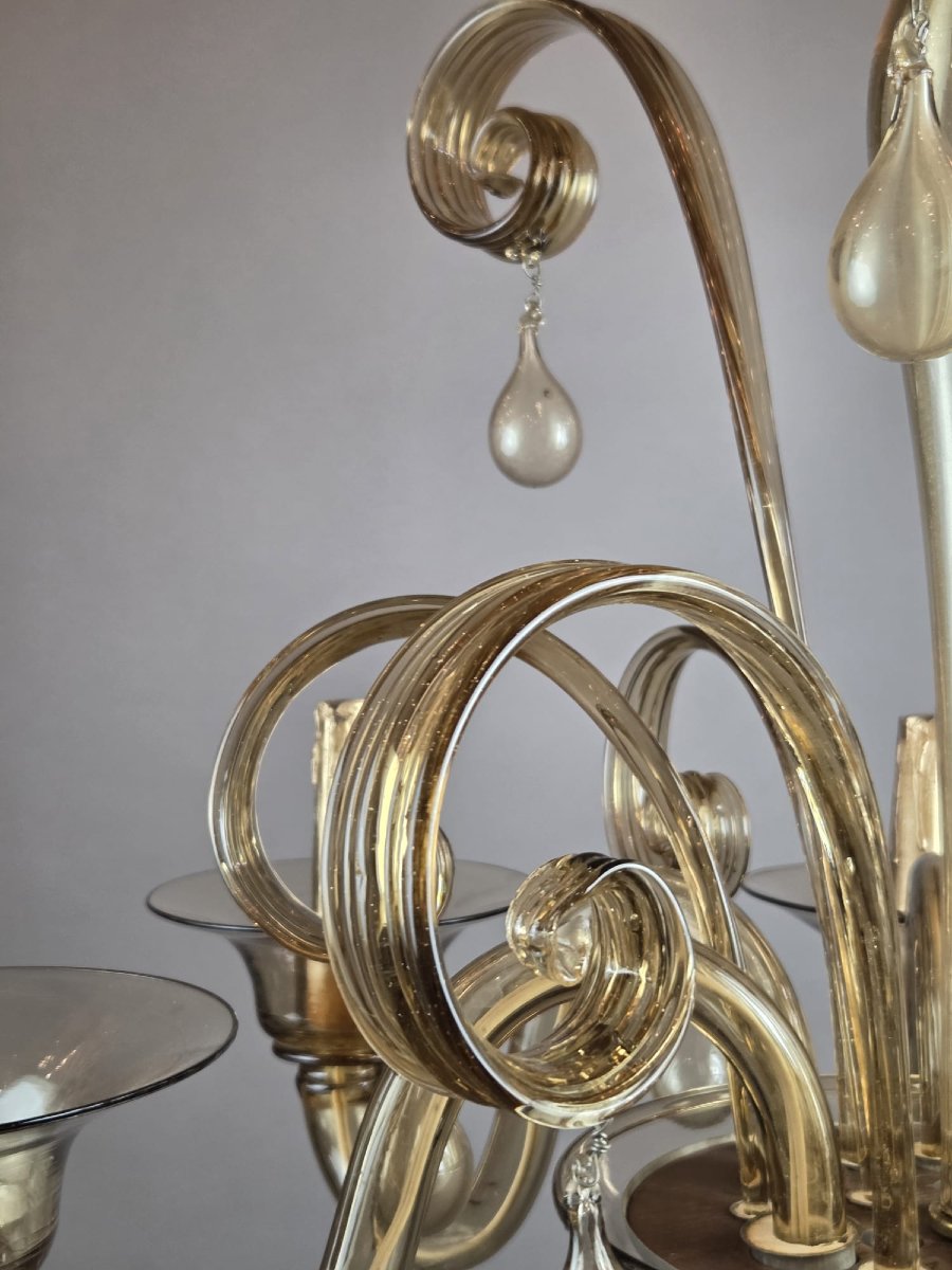 Murano Chandelier In Amber Glass With 6 Lights, Circa 1950-photo-4