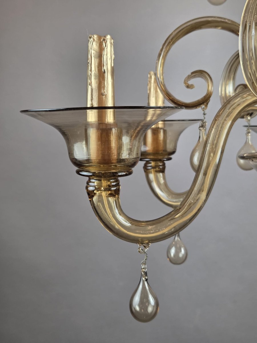 Murano Chandelier In Amber Glass With 6 Lights, Circa 1950-photo-1