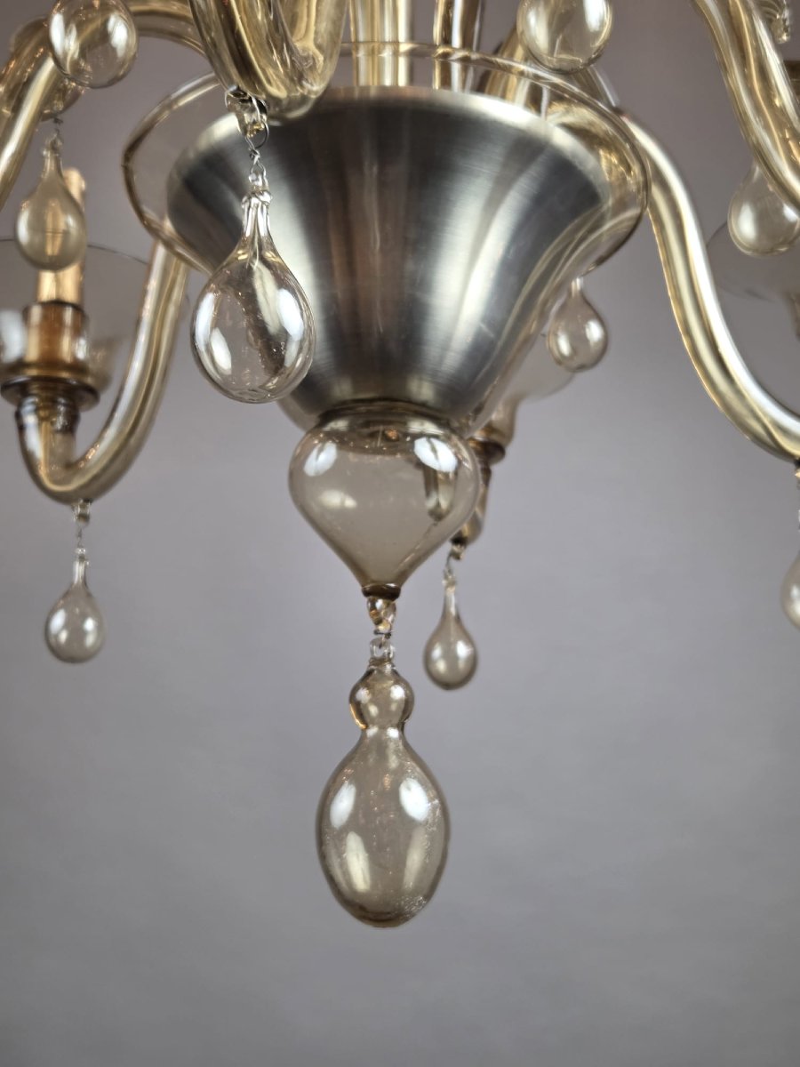 Murano Chandelier In Amber Glass With 6 Lights, Circa 1950-photo-2