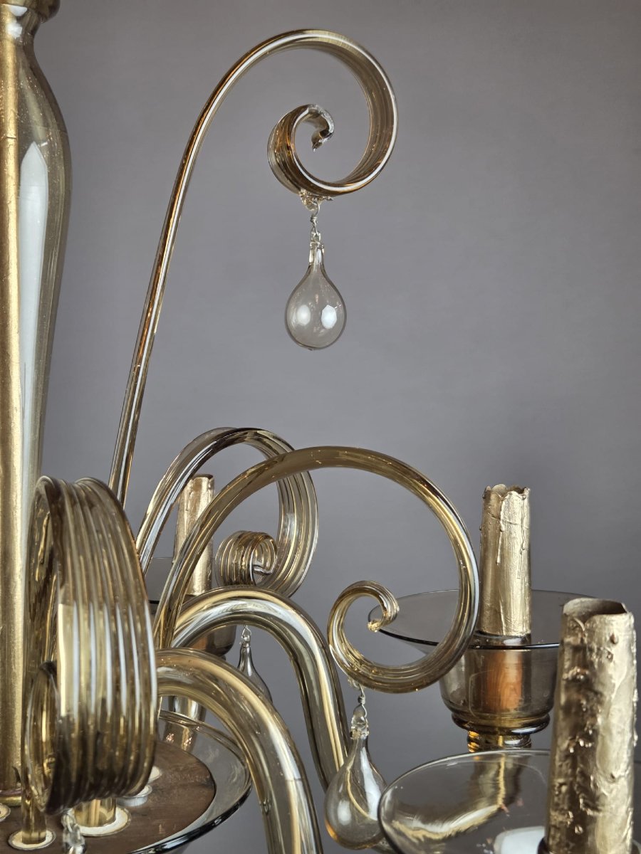 Murano Chandelier In Amber Glass With 6 Lights, Circa 1950-photo-3