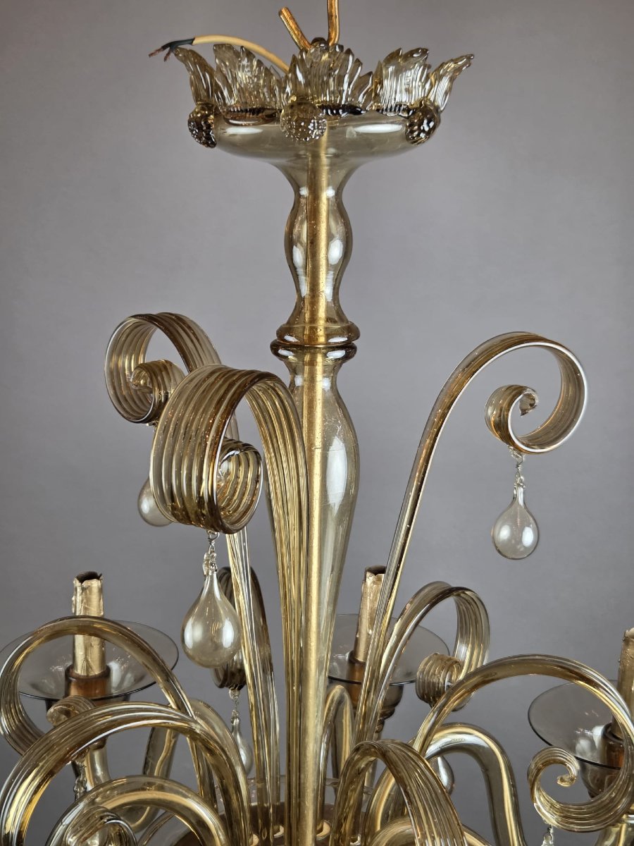 Murano Chandelier In Amber Glass With 6 Lights, Circa 1950-photo-4
