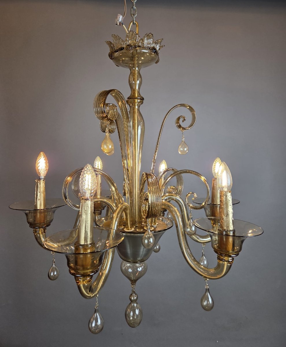 Murano Chandelier In Amber Glass With 6 Lights, Circa 1950-photo-6