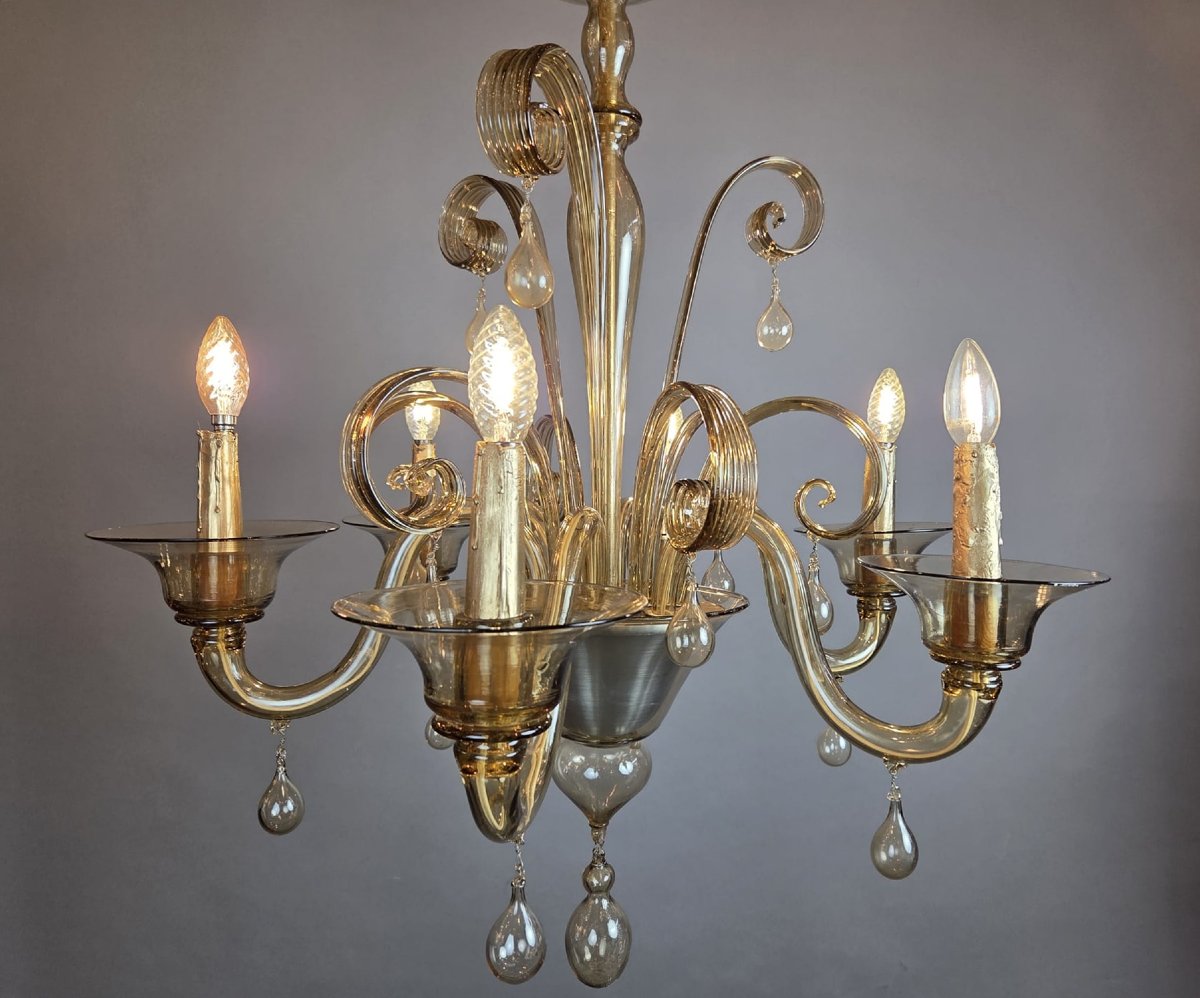 Murano Chandelier In Amber Glass With 6 Lights, Circa 1950-photo-7